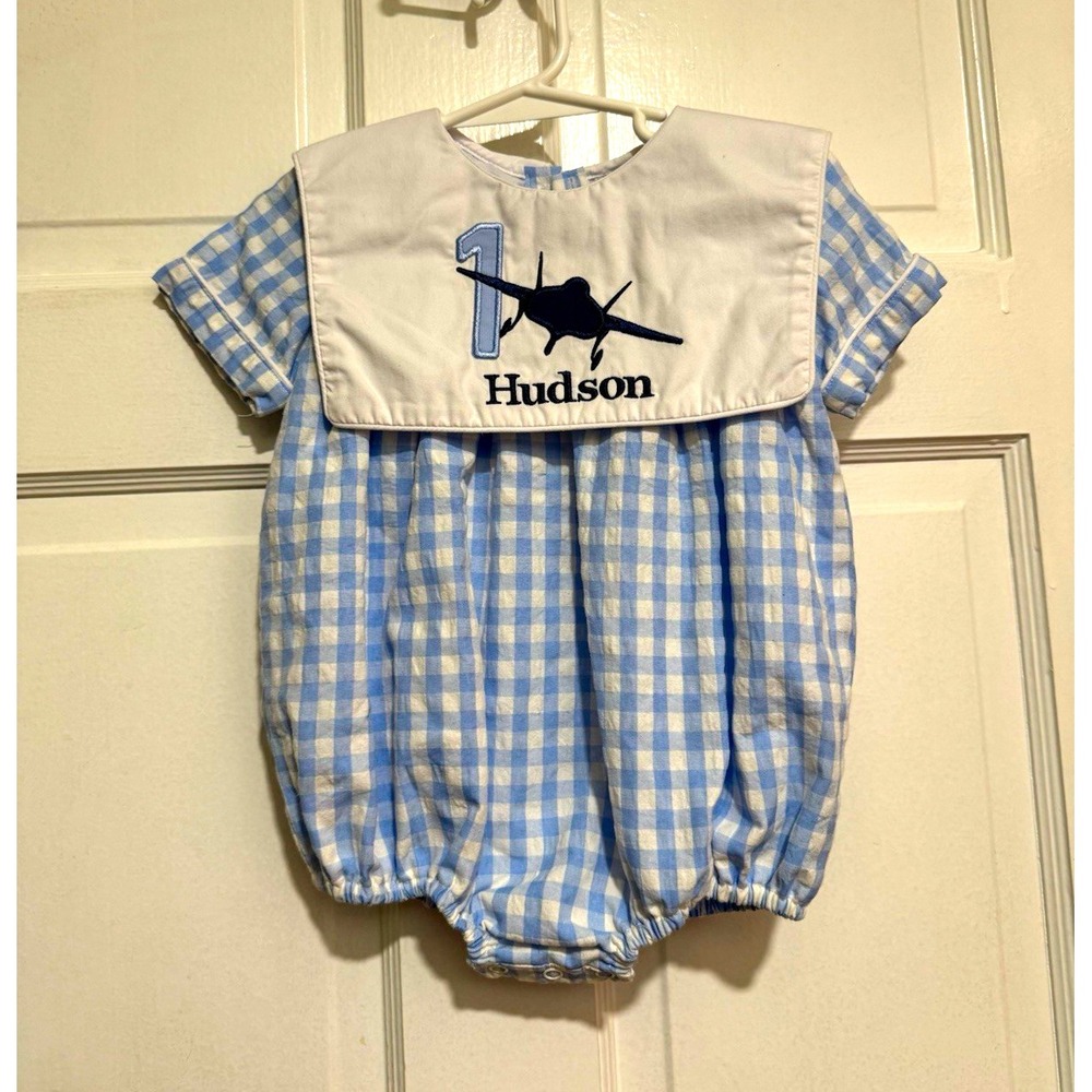 18M "Hudson" Monogrammed Appliqué Embroidered Bubble 1st Birthday Airplane Blue